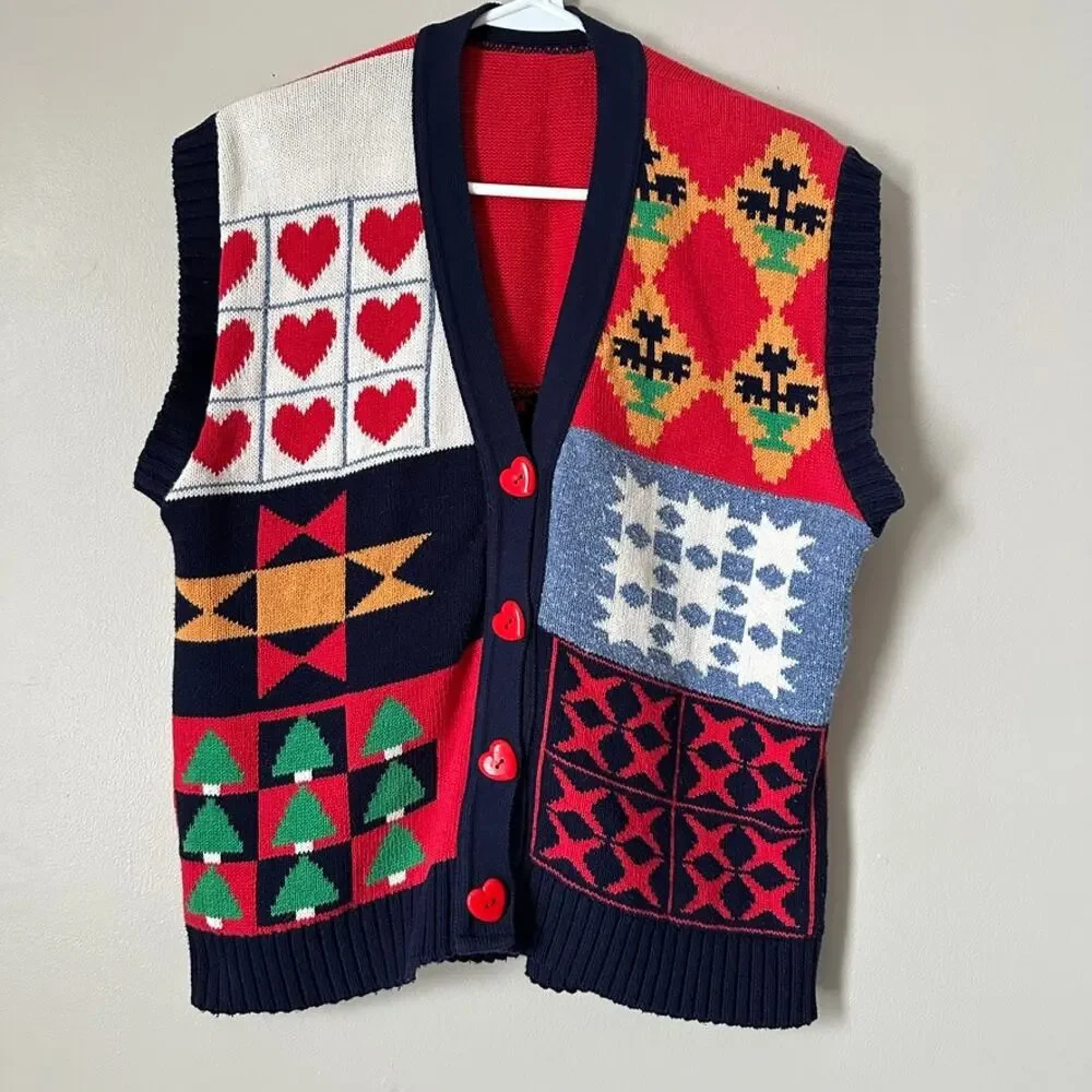 Vintage Sweater Vest Womens LARGE Button Front V-Neck Grandma 90s Retro Teacher - Picture 1 of 8